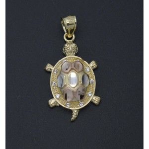 Real 10K Solid Tri-color Gold Shiny Turtle CZ Stones Charm Pendant 2.9 grams